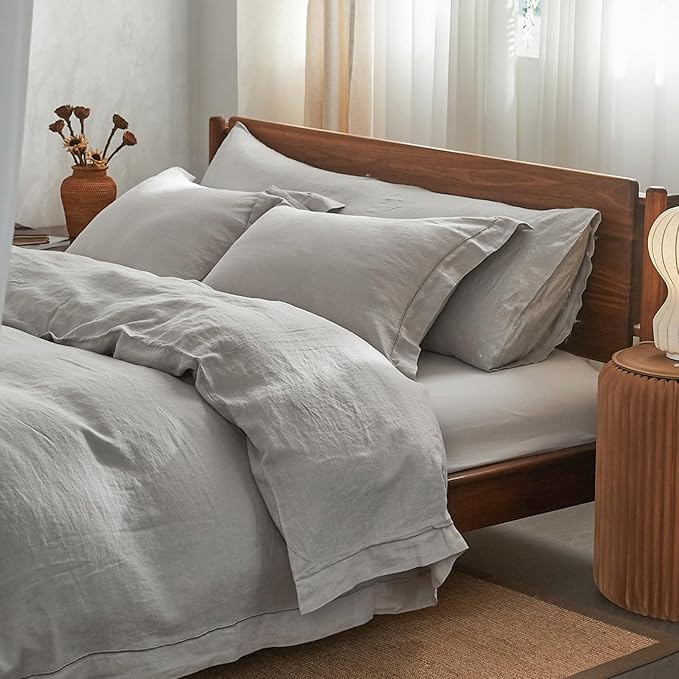 Simple&Opulence 100% Washed Linen Duvet Cover with Embroidered, 2 Pieces Soft Farmhouse Comforter Set with Button Closure,1 Duvet Cover and 1 Pillowsham(Twin,Light Grey)