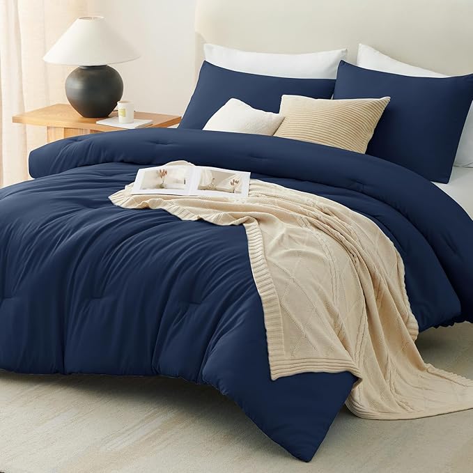CozyLux Navy Blue Full Size Comforter Set, 3 Pieces Solid Breathable Quilted Style Bedding Sets, Luxury Fluffy Soft Bed Set with Down Alternative Comforter for All Season (1 Comforter & 2 Pillowcases)