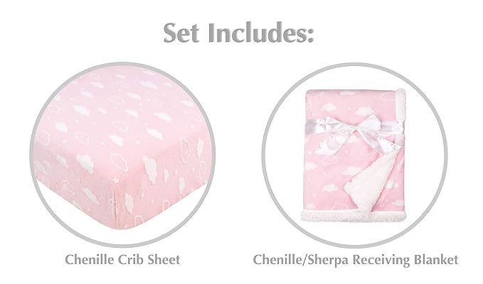 American Baby Company Heavenly Soft 2 Piece Chenille/Sherpa Crib Sheet & Blanket Set, Crib Sheet (52" x 28") & Receiving Blanket (30" x 35"), 3D Cloud Pink, for Boys and Girl