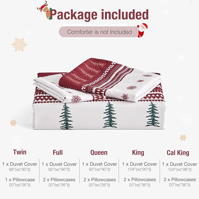 Lekesky Christmas Duvet Cover Queen Size,3 Pieces Reversible Red Plaid Reindeer Snowflake Holiday Bedding Set with Zipper Closure and Corner Ties(1 Duvet Cover 90x90 inches + 2 Pillowcases)