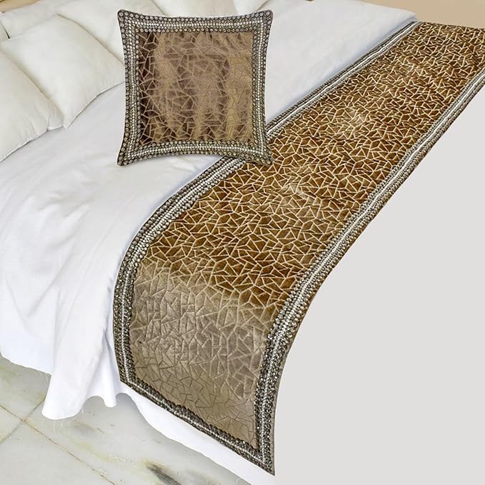 The HomeCentric King/Queen/Twin Brown Decorative Bed Runner Full 68"x18" Bed Runner Without Pillow Cover, Border, Crystal, Cut Velvet, Mosiac Pattern Bed Scarf on Velvet Fabric - Velvet Fusion