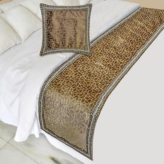 The HomeCentric King/Queen/Twin Brown Decorative Bed Runner Full 68"x18" Bed Runner Without Pillow Cover, Border, Crystal, Cut Velvet, Mosiac Pattern Bed Scarf on Velvet Fabric - Velvet Fusion