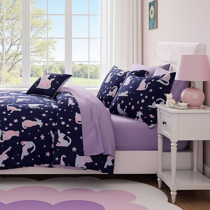 Twin Comforter Set for Girls, Kids - 5 Pieces Cute Cat Patterns Twin Bedding Sets for Girls Boys Teen, Soft Cozy Bed in A Bag with Sheets