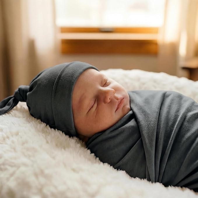Large Jersey Knitted Swaddle Blanket for Baby, Soft Stretchy Receiving Blanket for Newborns with Hat, Baby Nursery Swaddle 47 x 47 inches(Iron)