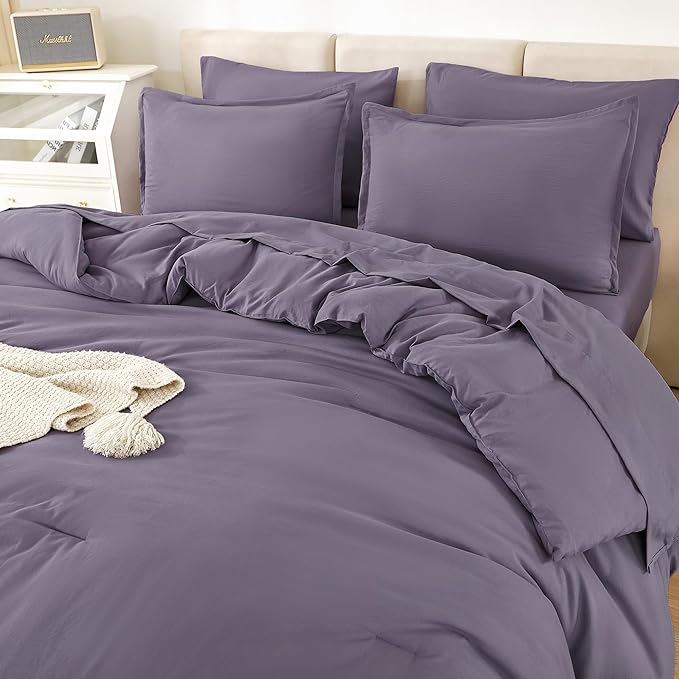 Litanika California King Comforter Set Grey Purple - 7 Pieces Bed in a Bag Cal King Bedding Comforter Sets, Plain Lightweight Bed Set with Comforter, Sheets, Pillowcases & Shams