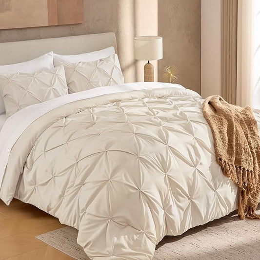 Andency California King Comforter Set Beige (104x96Inch), Pinch Pleat Comforter Set 3 Pieces, Oversized King Pintuck Bed Comforter, Microfiber Down Alternative Comforter Bedding Set for All Season