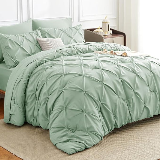 King Comforter Set 7 Pieces Bed in A Bag Sage Green Luxury Soft King Size Bed Set Pintuck Pinch Pleat Bedding Sets with Comforter, Flat Sheet, Fitted Sheet and Pillowcases & Shams