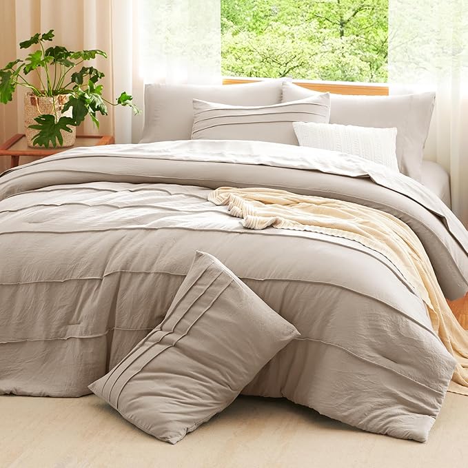 CozyLux Comforter Full Size Wheat, 7 Pieces Soft Pinch Pleat Bed in a Bag Full Comforter Set with Sheets, Boho Bed Set with Down Alternative Comforter, Sheets, Pillowcases & Shams