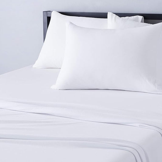 Amazon Basics Breathable, Stretchy 100% Cotton Jersey 3-Piece Bed Sheet Set, Includes Flat and Fitted Sheets, Pillowcase, Twin, White