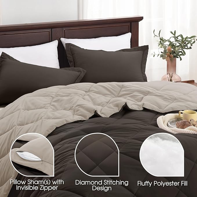 Basic Beyond King Size Comforter Set - Brown Comforter Set King, Reversible King Bed Comforter Set for All Seasons, Brown/Ivory, 1 Comforter (104"x92") and 2 Pillow Shams (20"x36"+2")
