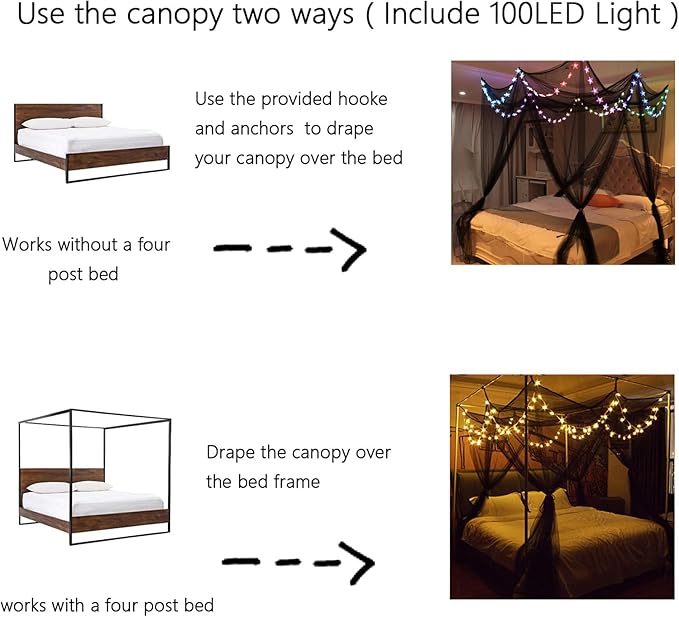 Bed Canopy with LED Star Lights, Black Canopy Bed Curtain with RGB Color Changing String Lights with Smart App Control Remote for Princess Girls Bedroom, Suggested for Twin Full Queen King Bed