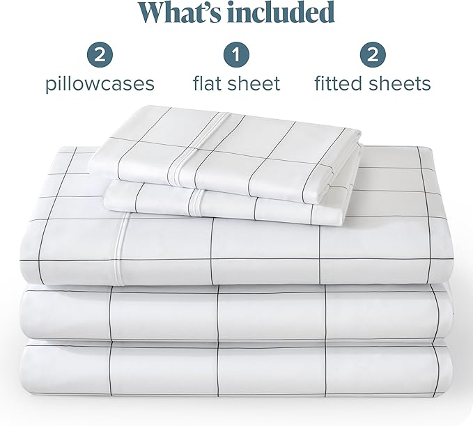 Bare Home Split King Sheet Set - 1800 Ultra-Soft Microfiber Double Brushed - Deep Pockets - Easy Fit - 5 Piece Set - Bed Sheets & Pillowcases (Split King, Grid - White/Grey)