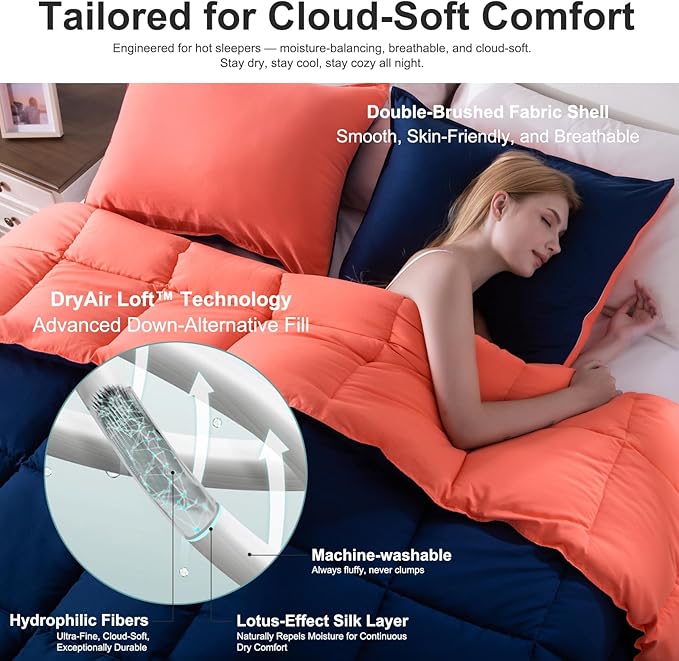 KASENTEX Queen Comforter Set – Reversible Dual Color – Goose Down Alternative – Ultra-Soft, Lightweight, Machine Washable, Maintain Fluffiness, All Season Warmth (Navy/Coral)