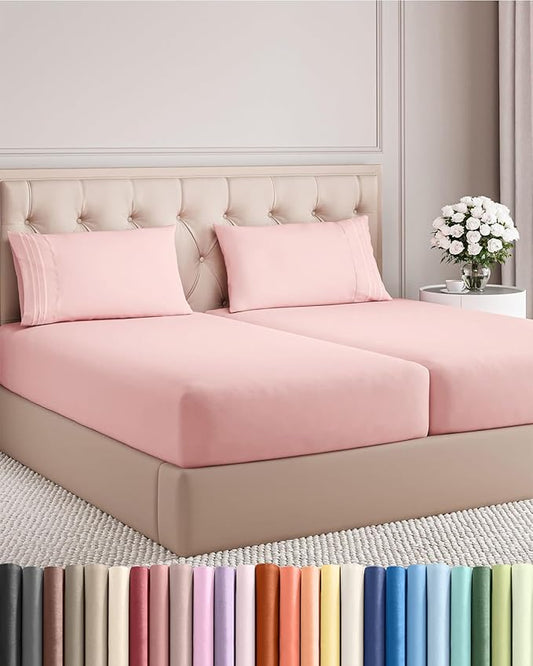 Split King Size 5 Piece Sheet Set - Comfy Breathable & Cooling Bed Sheets Set - Hotel Luxury Bedding for Women, Men, Kids, Teens, Boys & Girls - Deep Pockets, Soft, Wrinkle Free - Oeko-Tex - Baby Pink
