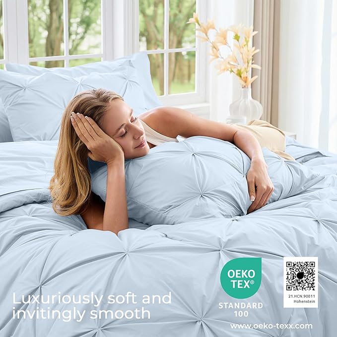 Sasttie Twin XL Comforter Set, 5-Piece Bed in a Bag, Pintuck Bedding Sets for All Season, Includes Comforter, Flat Sheet, Fitted Sheet, Pillowcase and Pillowsham, Light Blue