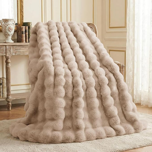 L'AGRATY Faux Fur Throw Blanket: 50" x 60" Luxury Soft Fluffy Rabbit Fur Blankets Twin for Couch Bed Sofa - Cozy Plush Bubble Blankets for Winter: Flannel Fleece Decorative Blanket(Light Linen)