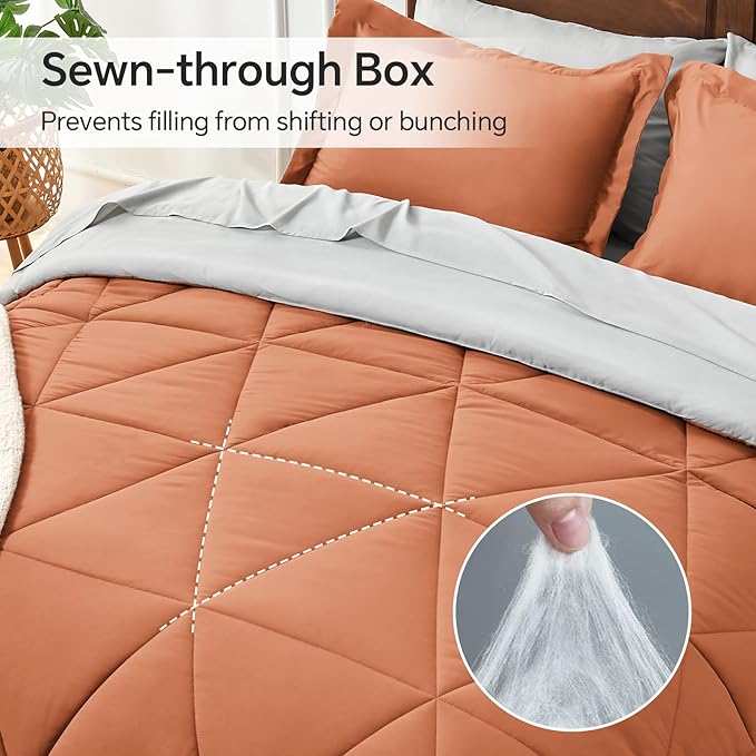 BEDELITE King Size Comforter Set 7 Pieces Bed in A Bag - Soft Microfiber Reversible Burnt Orange Bed Set with Comforters, Sheets, Pillowcases & Shams, Cozy Luxury Bedding Sets for All Season