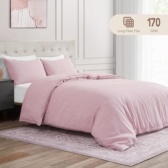DAPU Pure Linen Duvet Cover Set, 100% Yarn-Dyed French Linen, Breathable and Durable for Hot Sleepers, 1 Duvet Cover and 2 Pillowcases (Smokey Pink, King)