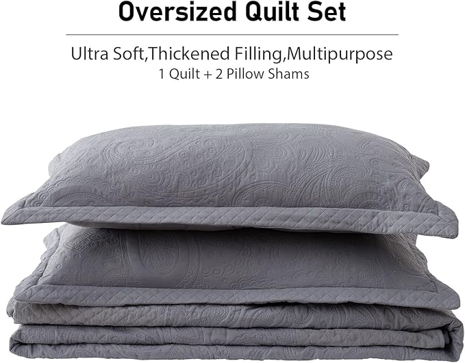 Qucover Oversized King Bedspreads 120x120, Paisley Pattern California King Bedspread Dark Grey, Soft Microfiber Ultrasonic Lightweight Oversized King Quilts Coverlet Bedding for All Seasons