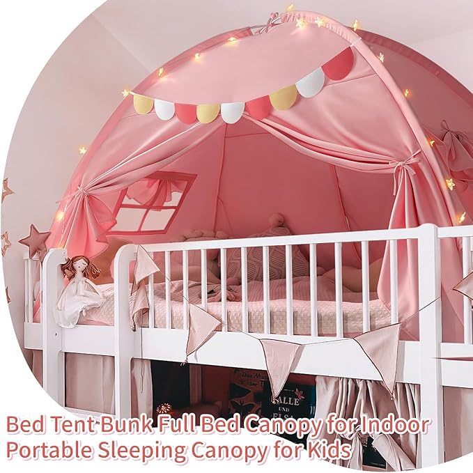 Razee Full Size Bed Canopy for Kids, Girls Bed Tent Dream Privacy Playhouse Floor Sleeping Tents Indoor, Toddler Under Bunk Bed Pink Tent with Pennant Banners, Kid House Toys for Birthday Gift