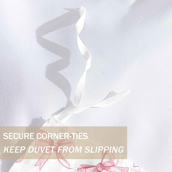 Nanko Pink and White Duvet Cover Set Full Size, Elegant Bow Print Pattern, Soft Microfiber Comforter Bedding Cover with Zip Ties - Modern Luxury Bed Romantic Bedroom Decor for Women Teen, 3Pcs 80 x90