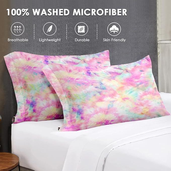 Twin Size Comforter Set with Pillowcase, Pink Yellow Painting Tie Dye Soft 2 Pcs Bedding for Kids and Adults Bedroom Bed Decor