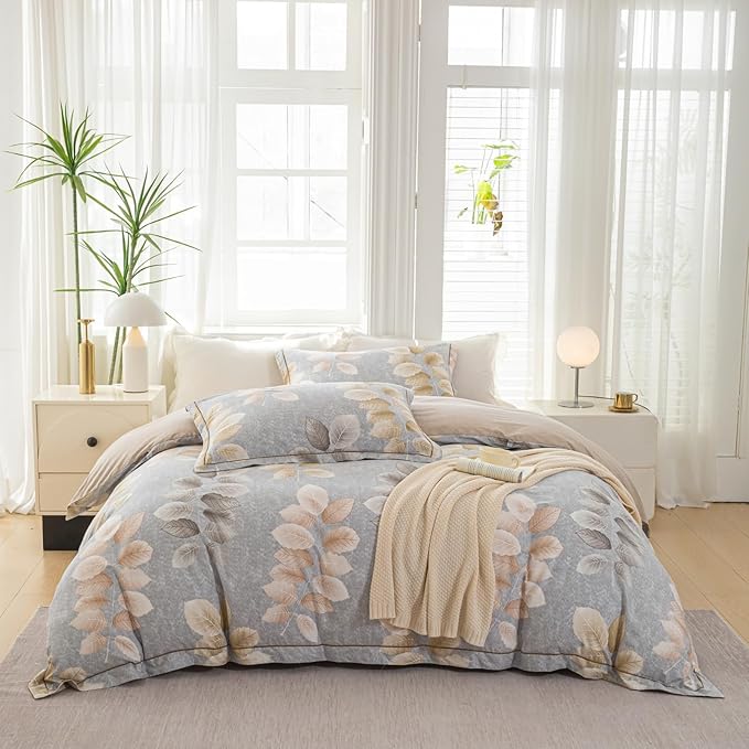 OAITE Duvet Cover Set Queen Size Floral Pattern 500 Thread Count Ultra Soft 100% Cotton Duvet Cover Sets 3-PC, Breathable Duvet Cover with Zipper Closure & Corner Ties