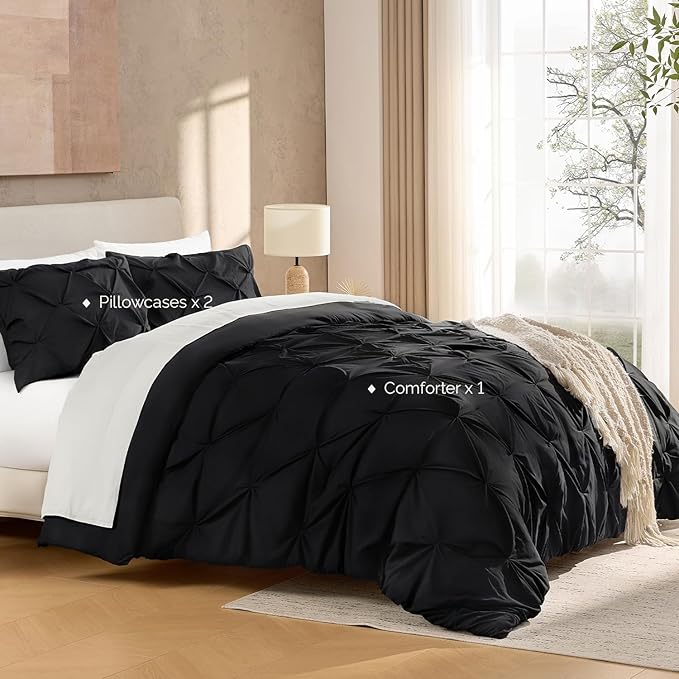 Andency Black Comforter Set Oversized Queen(98x98Inch), 3 Pieces Comforter for Girls Kids, Soft Microfiber Pinch Pleat Comforter Set, All Season Lightweight Bedding Set
