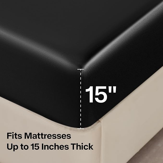 BEDELITE Satin Sheets Full XL Size Bed Set, Luxury Soft Black Silky Sheets for Hair and Skin, Similar to Silk Bed Sheets Set 4 Pieces with 1 Deep Pocket Fitted Sheet, 1 Flat Sheet, 2 Pillowcases