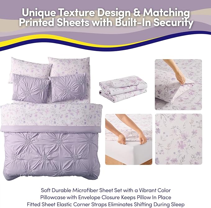 Floral Pintuck Comforter Set Full Size – Bed in a Bag with Sheets, Pillowcases & Shams – Soft Stylish Sports Bedding – All Season Boys Basketball Bed Set