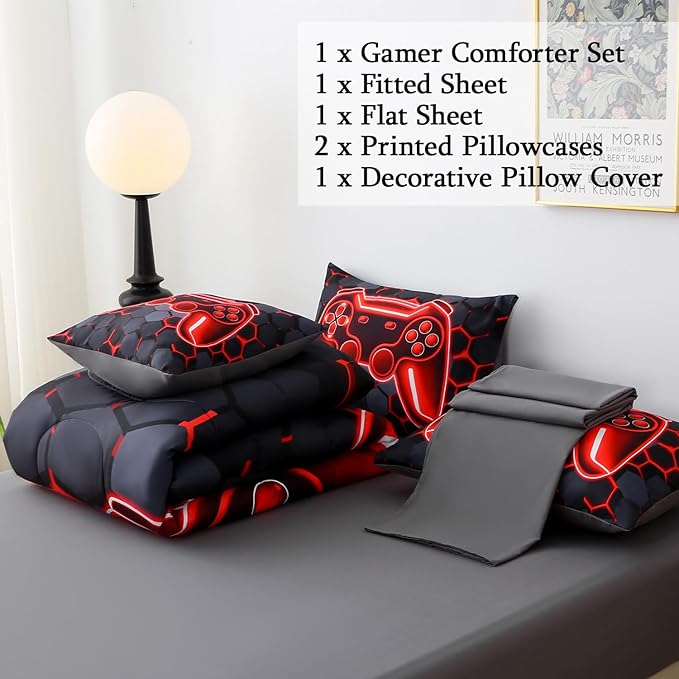 JQinHome Full Size Gaming Bedding Set 6-Piece Comforter for Boys Teens - 3D Video Game Print Bed in a Bag with Sheets, Red Cool Black Design (Full)