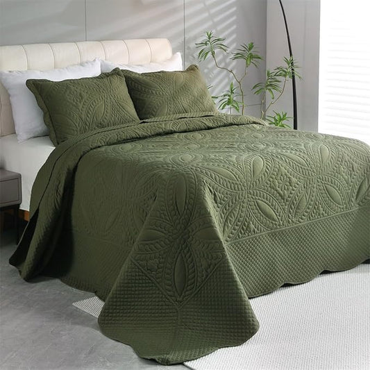 Cmfshape King Bedspread 106"x96",3 Piece King Quilt with 2 Shams,Lightweight Olive Green Quilt Set for All Season,Modern Coin Pattern Bedding Set