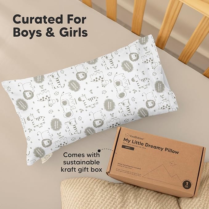 Toddler Pillow with Pillowcase - 10x18 My Little Dreamy Kids Travel Bed Pillows for Sleeping, Organic Cotton Small Pillowcase, Soft & Breathable, Machine Washable, Toddlers 2-5 years old (KeaFriends)