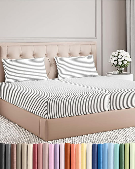 Split King Size 5 Piece Sheet Set - Comfy Breathable & Cooling Bed Sheets Set - Hotel Luxury Bedding for Women, Men, Kids, Teens, Boys & Girls - Deep Pockets & Wrinkle Free - Oeko-Tex - Grey Stripes 2