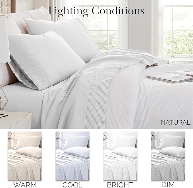Southshore Fine Living, Inc. Pleated Hem, 4-Piece, 21 Inch Extra Deep Pocket Queen Sheets Set, Easy Care White Queen Sheets Deep Pocket with Embroidered Hem, Pet Hair Resistant Sheets, Bright White