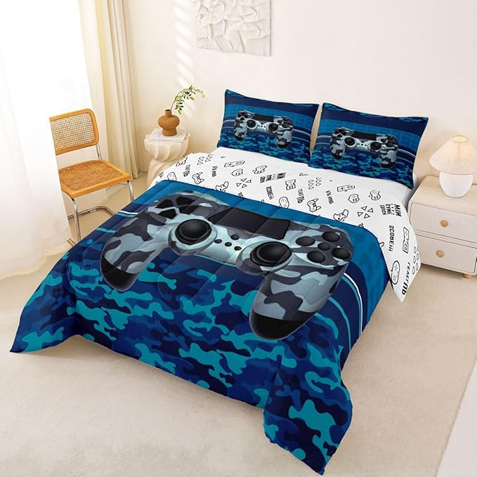 Feelyou Gamer Comforter Set Camouflage Gaming Video Game Bedding Set for Kids Boys Children Blue Camo Gamer Console Comforter Soft Gamepad Decor Quilt Set Twin Size
