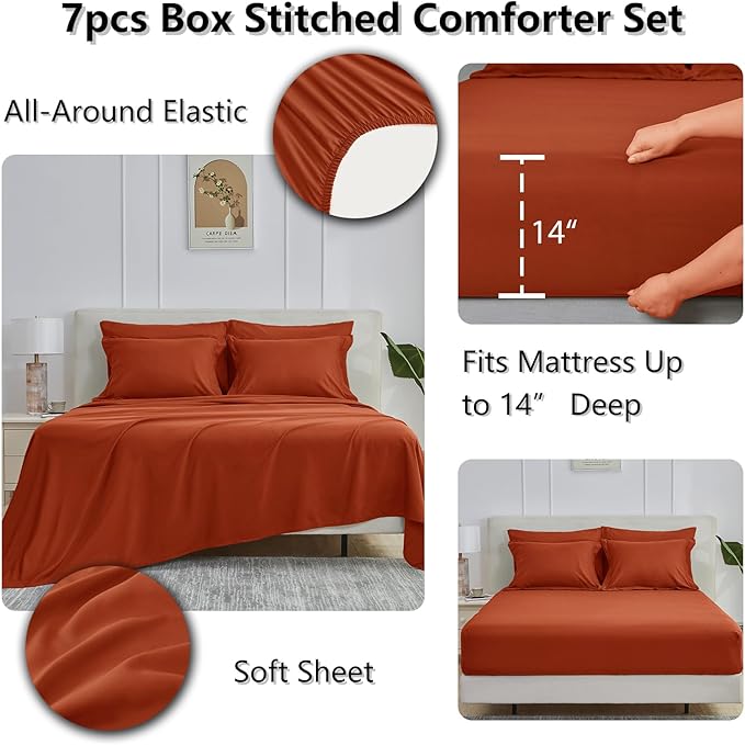 CozyLux Queen Comforter Set Terracotta - 7 Pieces Bed in a Bag Queen, All Season Breathable Bedding Sets, Oeko-Tex Certified Bed Set with Down Alternative Comforter, Sheets, Pillowcases & Pillow shams