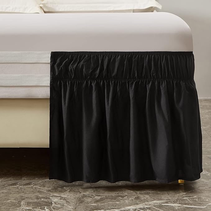 MEILA Wrap Around Bed Skirt Three Fabric Sides Elastic Dust Ruffled 18 Inch Tailored Drop,Easy to Install Fade Resistant-Black, Queen/King