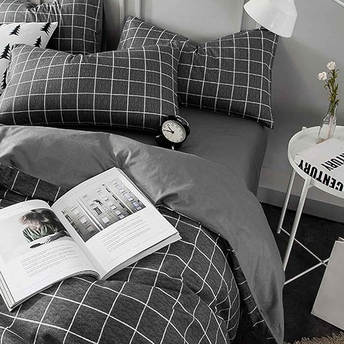 Nanko Queen Duvet Cover Set Black Grid Geometric 3 Pieces 90x90 Luxury Microfiber Quilt Bedding Cover with Zipper Closure, Ties - Organic Modern Style for Men and Women, Plaid