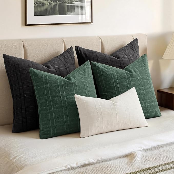 MIULEE Decorative Linen Check Euro Shams Throw Pillow Covers Neutral Farmhouse Vintage Spring Pillow Covers 24x24 Set of 2 Boho Modern Home Decor for Sofa Couch Bedroom Cushion Dark Green