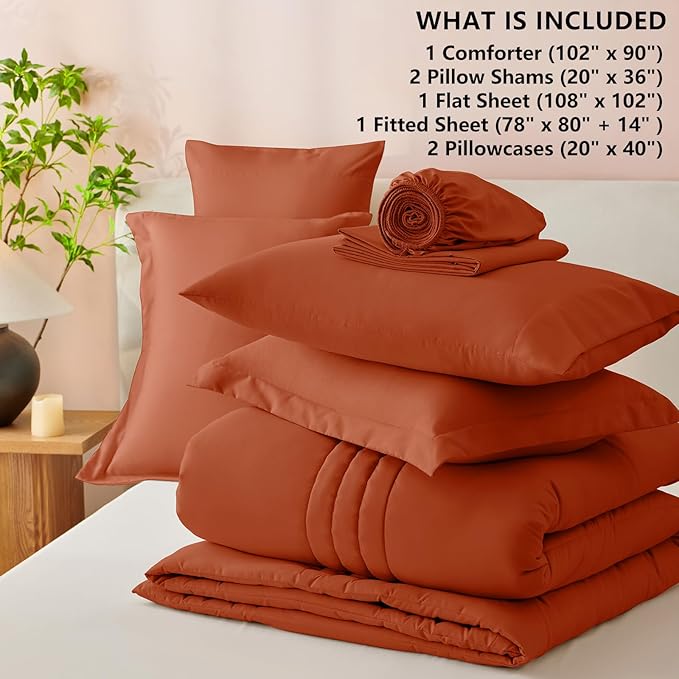 CozyLux King Size Comforter Sets - 7 Piece Bed in a Bag Terracotta Comforter Set with Sheets Bed Set All Seasons, Soft Bedding Set with Down Alternative Comforter, Sheets, Pillowcases & Shams