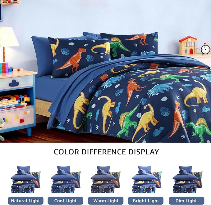 Twin Comforter Set for Boys-5 Pieces Navy Dinosaur Twin Bedding Sets for Kids, Ultra Soft Bed in A Bag with Sheets