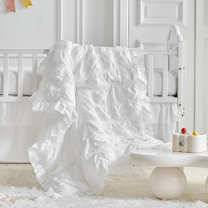 Ruffled Crib Bedding Set Baby Boho Quilted Comforter with Fitted Sheet and Bed Skirt - Cute Soft Breathable Seersucker Ruffled Shabby Chic Bedding Soft Blanket Design - White