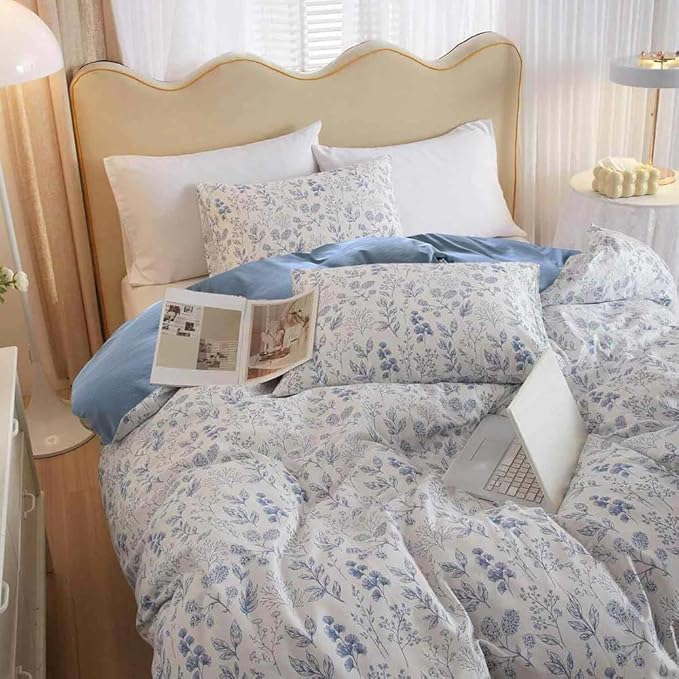 Nanko Floral Duvet Cover Set King Size, Blue and White Flower Leaf Print Pattern Bed Set, Soft Microfiber Reversible Comforter Bedding Cover with Zip Tie - Vintage Farmhouse for Women Men, 3Pcs 104x90
