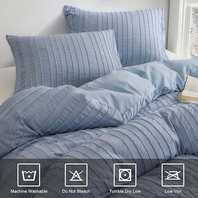 WARMDERN Blue Striped Duvet Cover Set, Boho Textured Tufted Bedding, 2 Piece Twin Size Washed Microfiber Duvet with Zipper Closure & Corner Ties (Twin, Blue)