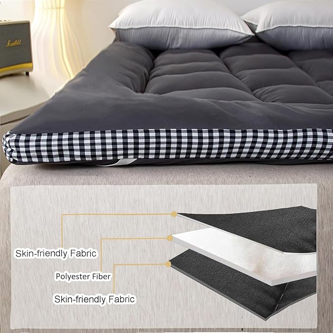 Thick Mattress Topper Full Size - Non-Slip Mattress Pad Cover for Back Pain Breathable Folding Sleeping Pad Machine Washable Mattress Protector (54x75 inch,Black)