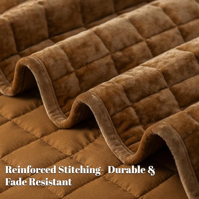 PHF Luxurious Velvet Quilt Set Queen Size – 3PCS Super Soft Quilted Comforter Alternative with Square-Box Quilt Pattern, Warm Quilted Bedspread Coverlet, 90" x 92", Rusty Burnt Orange