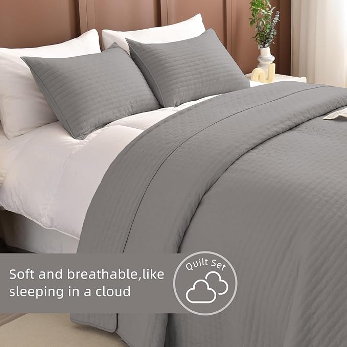 Lady Ann Gray Oversized King Bedspread 120x120, 3Pcs Extra Large Farmhouse Lightweight King Quilt Bedding Set Soft Quilted Bedspreads Thin Comforter for All Season