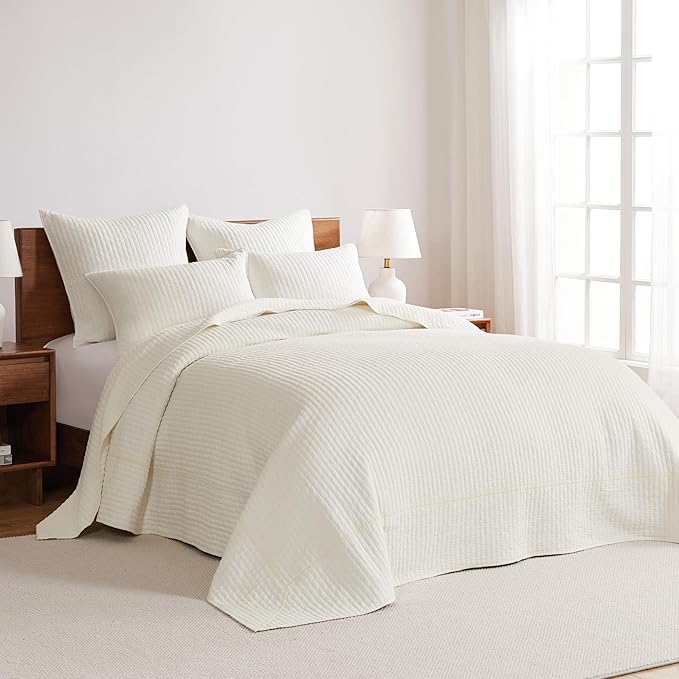 Levtex Home Cross Stitch Reversible Full Bedspread Set (100x104in) with 2 Pillow Shams (26x20in) - Stitch Texture - Cream - 100% Cotton Full Size Bedspread Set - Lightweight, Soft, Pre-Washed