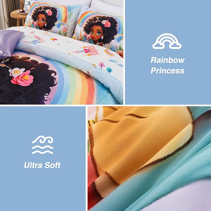 A Nice Night Princess Style Rainbow Unicorn Full Size Comforter Set for Girls - 6 Piece Flower Bedding Sets with Sheets, Breathable and Soft Polyester Fiber, Kids Comforter Set for Teen Girls,Full